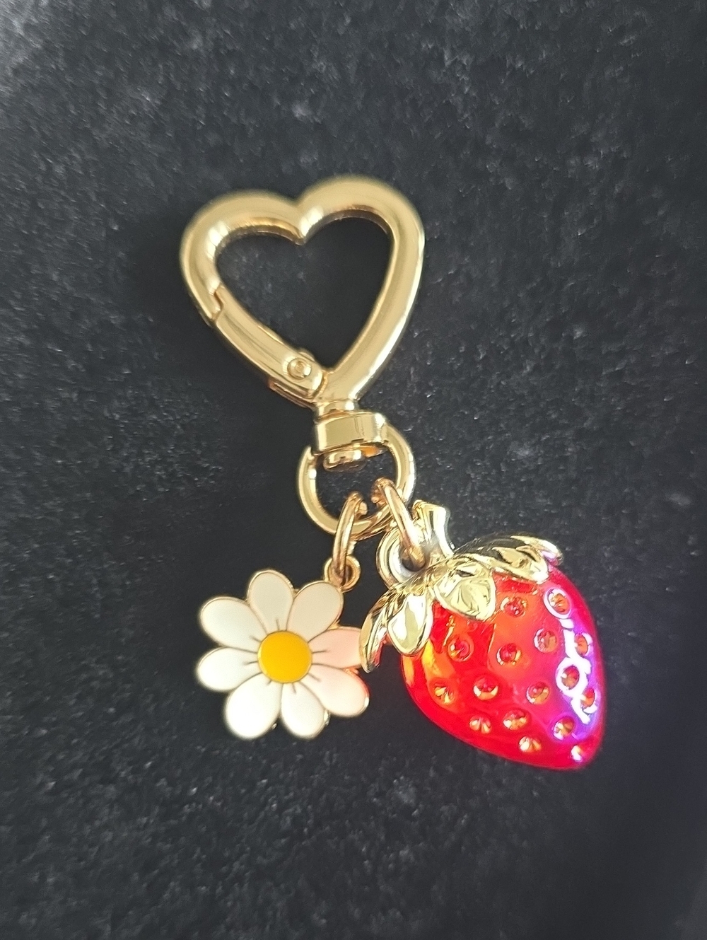 Gold Heart Keyring with Red Strawberry & White Daisy Charms 3 Inches Long